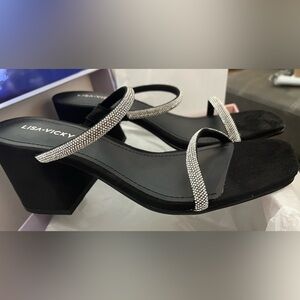 NIB Lisa Vicky Mood Pavé Block Heel Slide Sandal in Black Hotfix